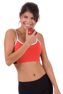 Lady, lovely proportions, not overweight, not underweight, eating a healthy apple.