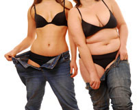 Swapping clothes shows how hard it is for the fat person to fit into the thin persons, while the thin person is showing how much extra weight that obese person is actually carrying.